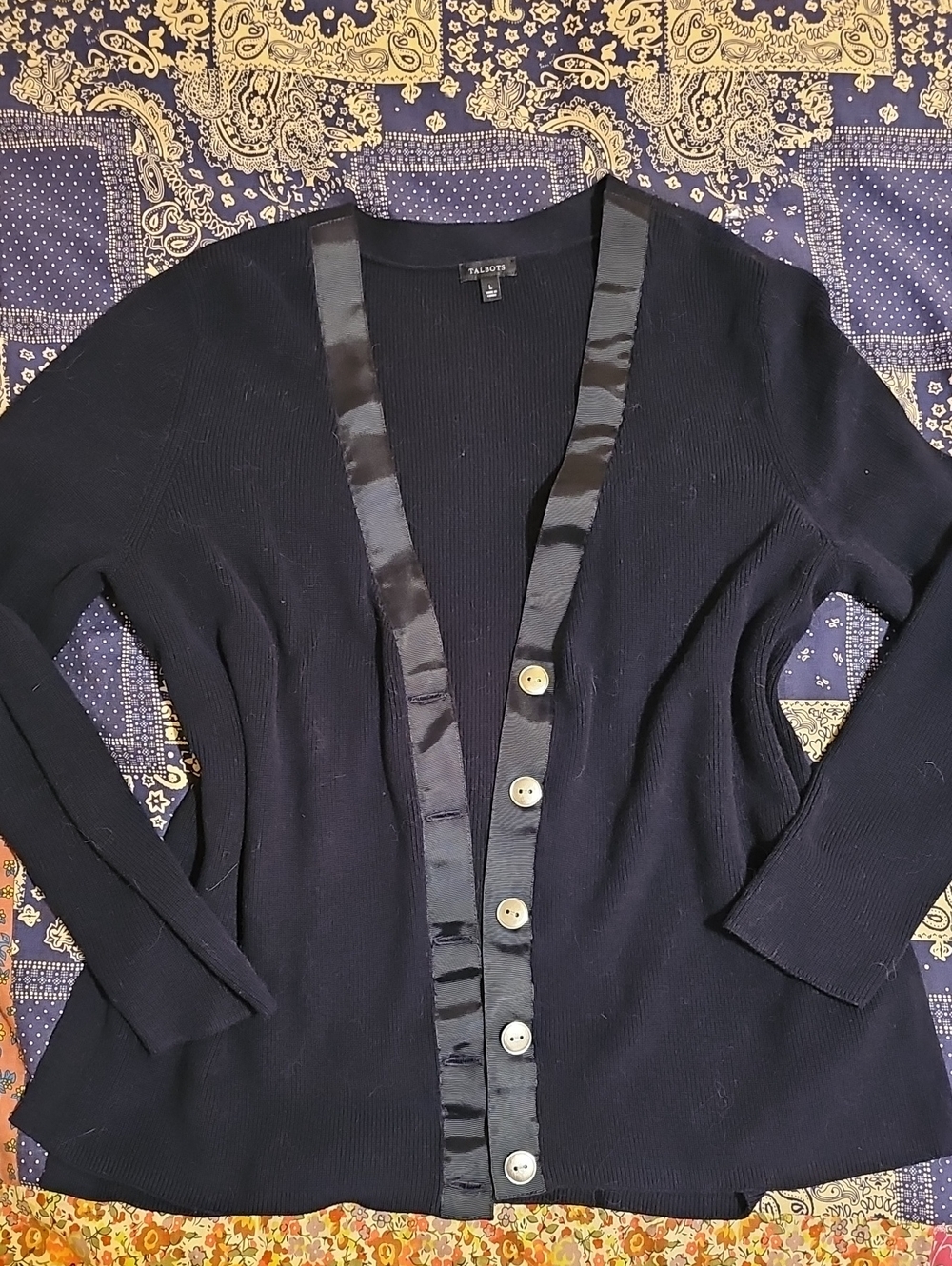 Talbots Navy Cardigan with Satin Trim and Buttons